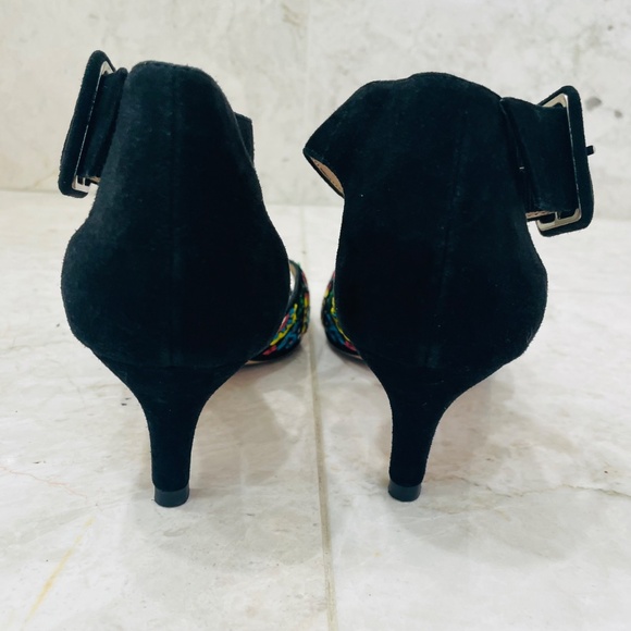 PELLE MODA {6M} Sandal Heels Embroidered FloralBlack Suede Open Toe Kitten Heel - Picture 5 of 10
